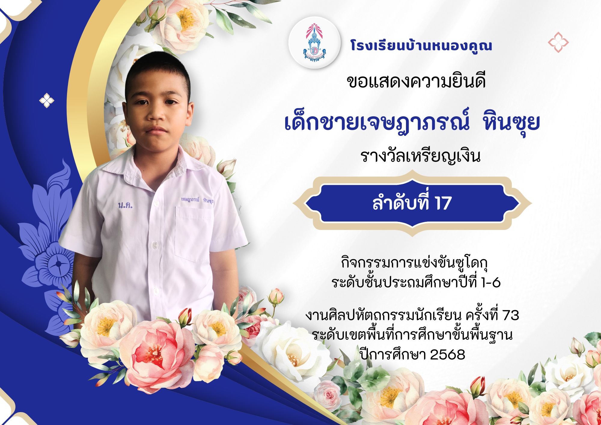 โรงเรียนบ้านหนองคูณ ขอแสดงความยินดีกับ เด็กชายเจษฎาภรณ์ หินซุย นักเรียนชั้นประถมศึกษาปีที่ 5 รางวัลเหรียญเงิน ลำดับที่ 17 กิจกรรมการแข่งขันซูโดกุ ระดับชั้นประถมศึกษาปีที่ 1-6 ครูผู้ฝึกสอน คุณครูสุมานี กลิ่นพูน #งานศิลปหัตถกรรมนักเรียน_ครั้งที่73