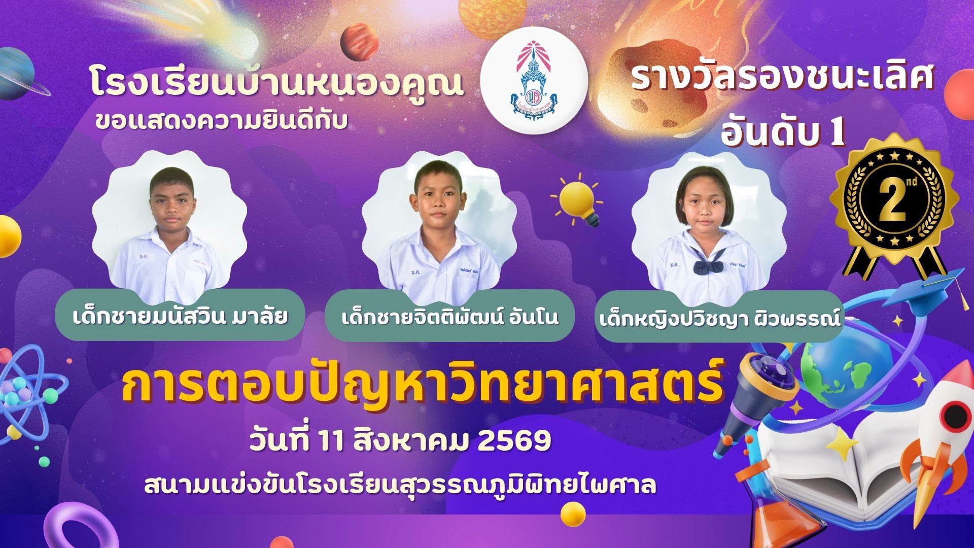 โรงเรียนบ้านหนองคูณ ขอแสดงความยินดีกับ เด็กชายมนัสวิน มาลัย นักเรียนชั้น ป.6 เด็กชายจิตติพัฒน์ อันโน นักเรียนชั้น ป.5 เด็กหญิงปวิชญา ผิวพรรณ์ นักเรียนชั้น ป.5 ได้รับรางวัลรองชนะเลิศอันดับที่ 1 การแข่งขันการตอบปัญหาวิทยาศาสตร์ ระดับประถมศึกษา เนื่องในสัปดาห์วันวิทยาศาสตร์ โรงเรียนสุวรรณภูมิพิทยไพศาล วันอังคาร ที่ 11 สิงหาคม พ.ศ.2569 ครูผู้ฝึกสอน คุณครูเพชรา โต๊ะสิงห์